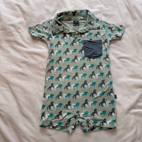 Kickee Pants Baby Romper 12-18M Horses Print Polo Short Sleeve Bamboo One-Piece - Picture 5 of 5